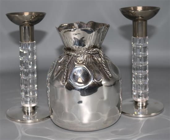 An Almazan plated vase modelled as a sack with drawstring and a pair of plate mounted glass candlesticks.